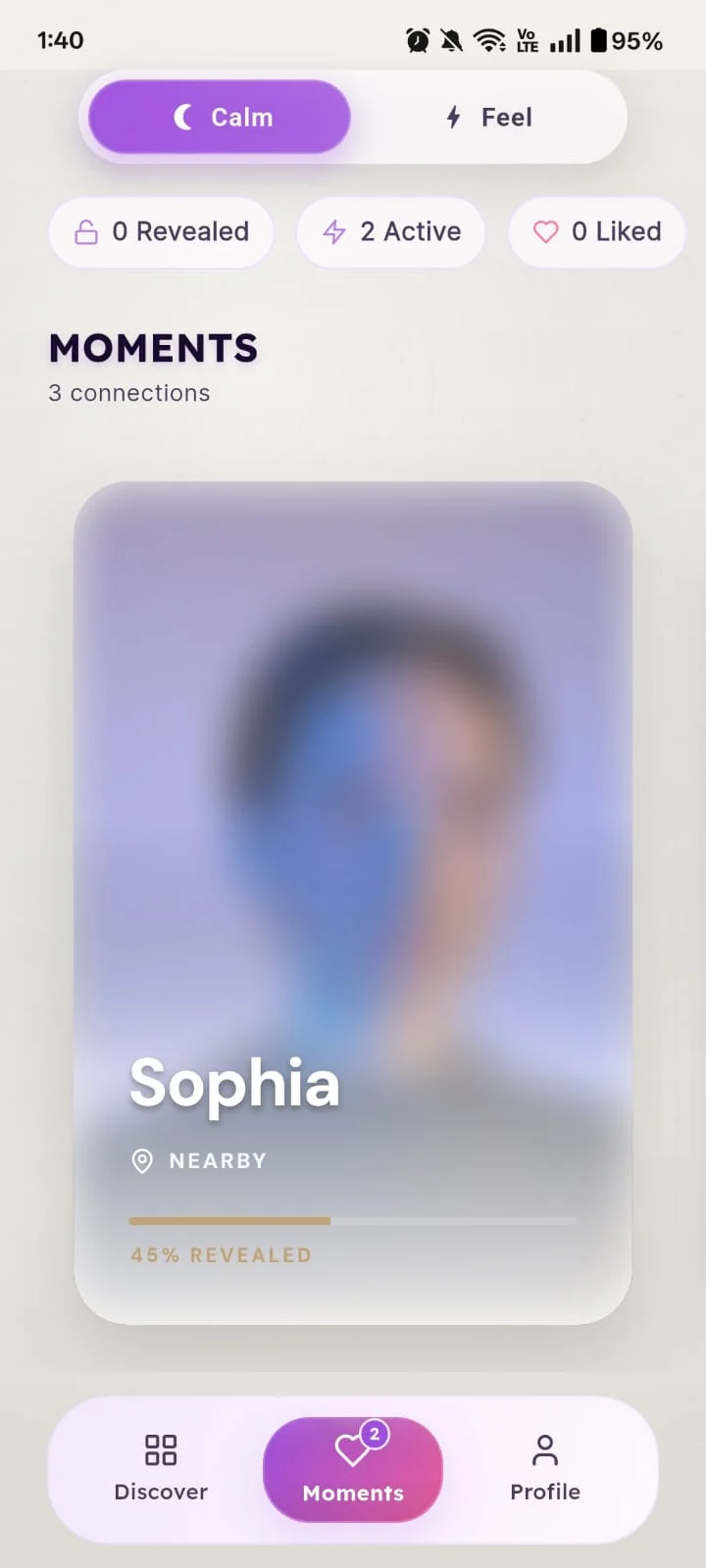 Blindly app — Moments and connections screen