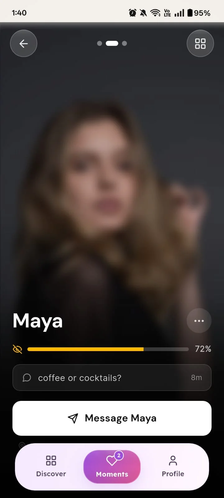 Blindly app — Discover screen showing blurred profile